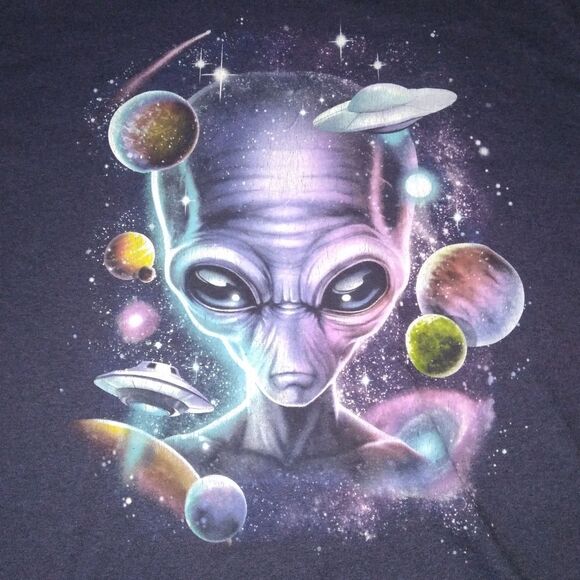 Gildan Purple Blue Unisex Crew Neck Space Alien Graphic Print T-Shirt Adult XL - Picture 5 of 8